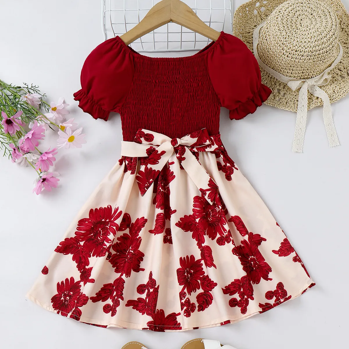 Toddler Girl Sweet Floral Print Smocked Belted Dress WineRed big image 1