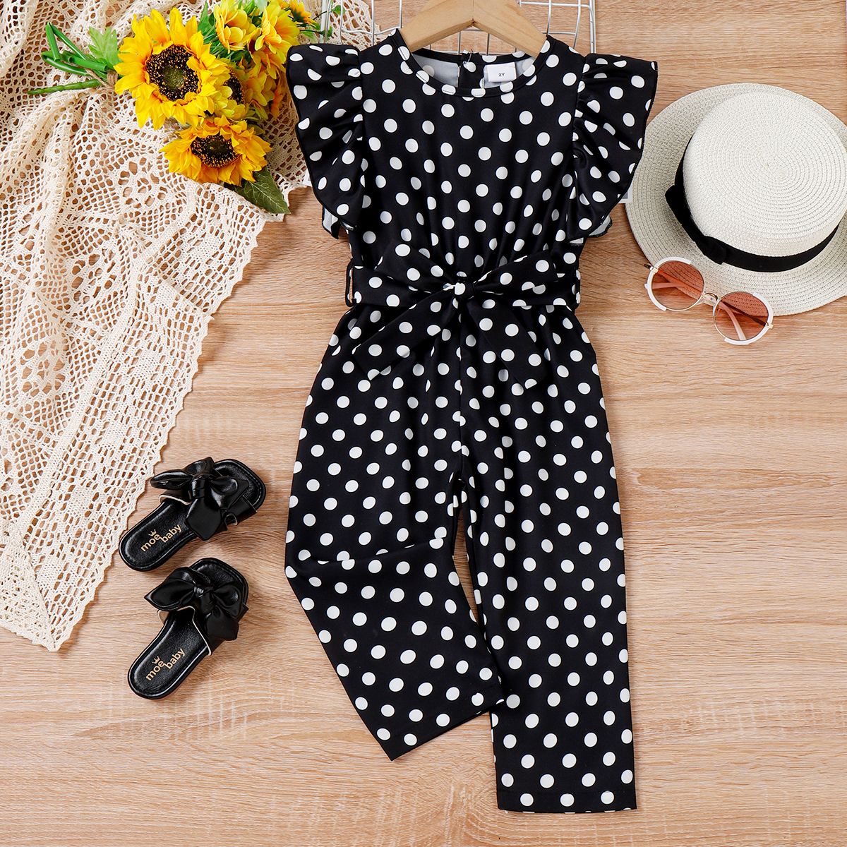 2pcs Toddler Girl Trendy Polka dots Flutter-sleeve Jumpsuits & Belt