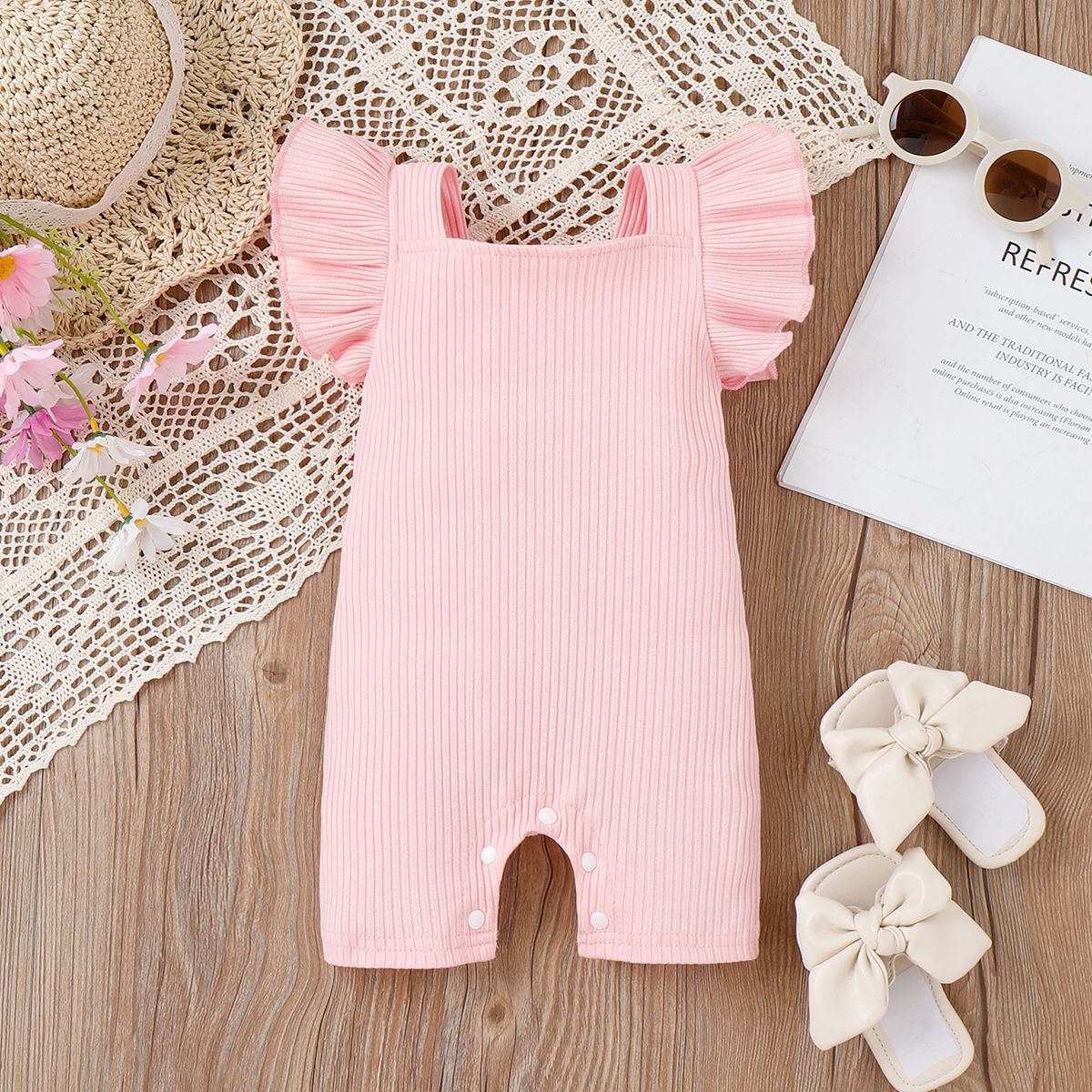 

Baby Girl 95% Cotton Pink Ribbed Square Neck Flutter-sleeve Romper