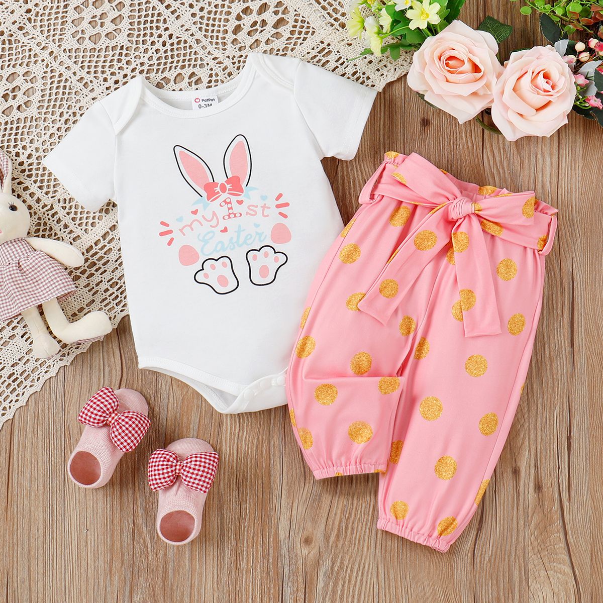 Easter 3pcs Baby Girl Short-sleeve Graphic Romper And Polka Dots Pants With Belt Set
