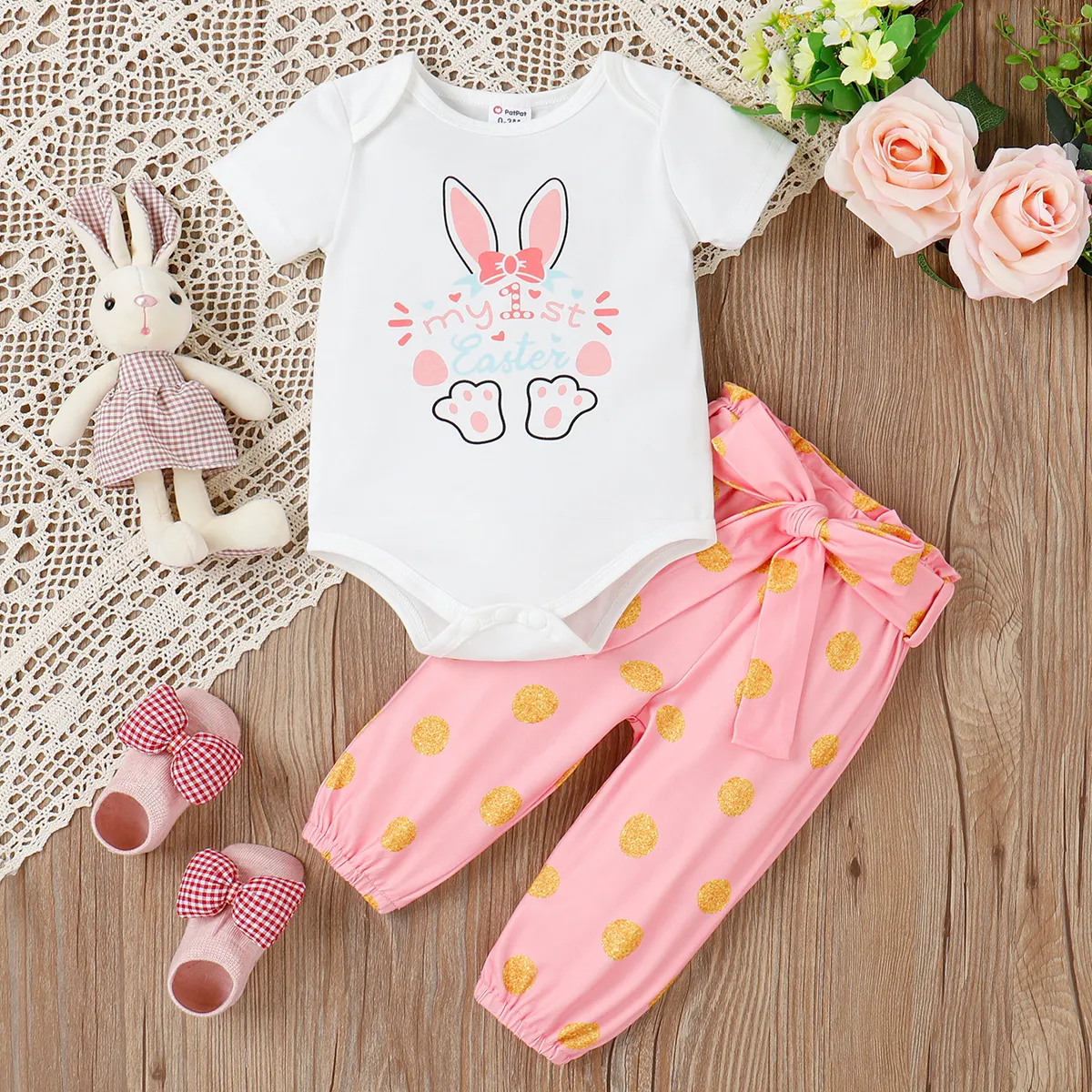 Easter 3pcs Baby Girl Short-sleeve Graphic Romper and Polka Dots Pants with Belt Set Pink big image 1