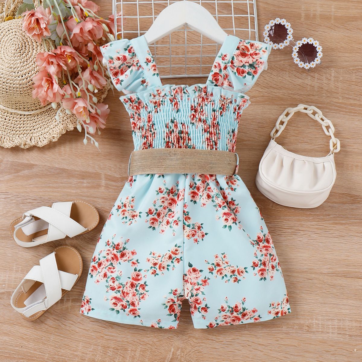 Toddler Girl 2pcs Sweet Floral Print Jumpsuit With Belt/ Sandals