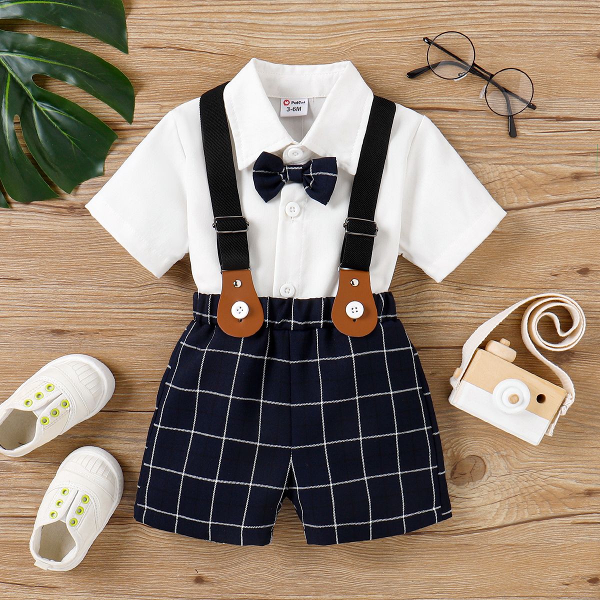 

2pcs Baby Boy Bow Tie Decor Short-sleeve Solid Shirt and Plaid Suspender Shorts Set