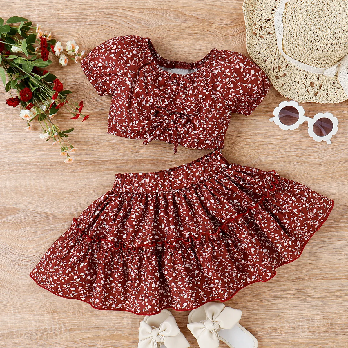 2pcs Toddler Girl Trendy Floral Print Tee and Layered Skirt Set