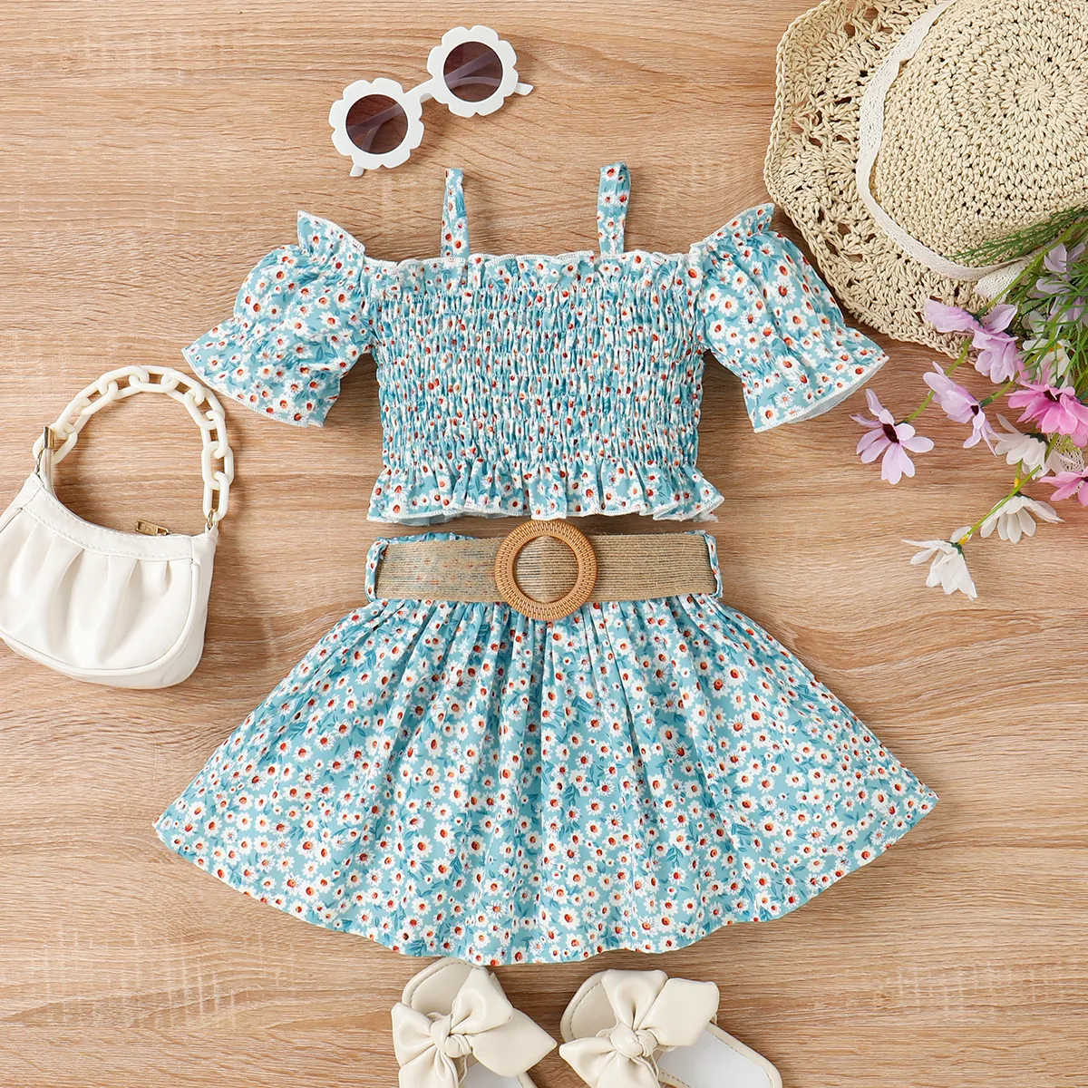 2pcs Toddler Girl Sweet Floral Print Smocked Camisole and Skirt & Belt Set Blue big image 1