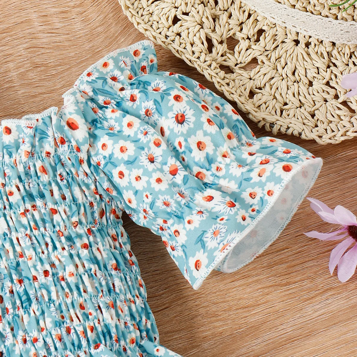 2pcs Toddler Girl Sweet Floral Print Smocked Camisole and Skirt & Belt Set Blue image 4