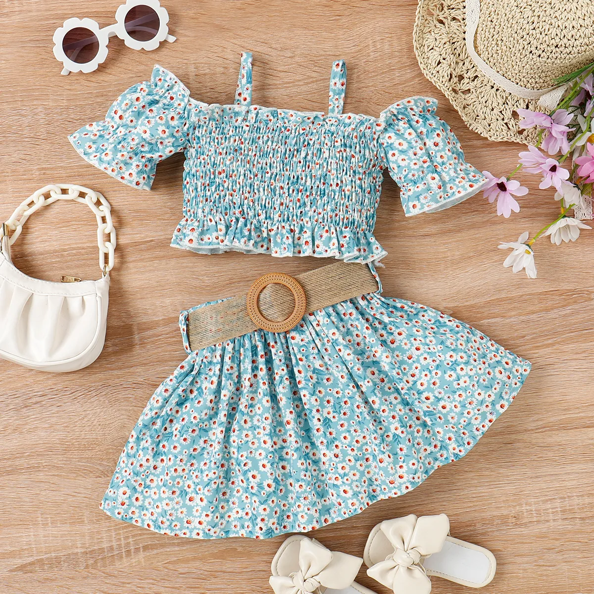 2pcs Toddler Girl Sweet Floral Print Smocked Camisole and Skirt & Belt Set Blue image 2