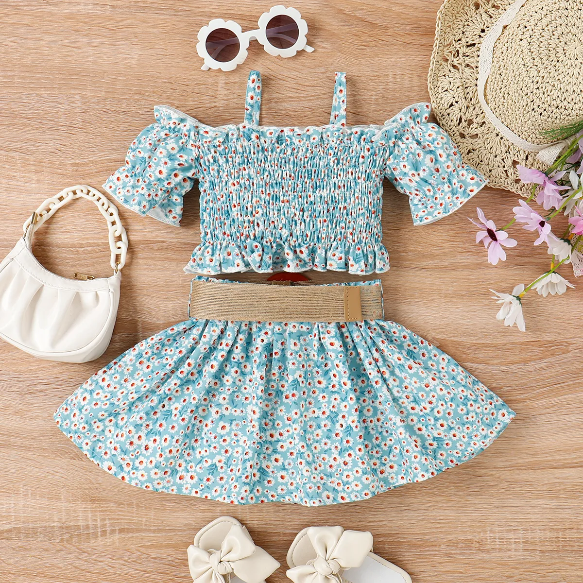 2pcs Toddler Girl Sweet Floral Print Smocked Camisole and Skirt & Belt Set Blue image 3