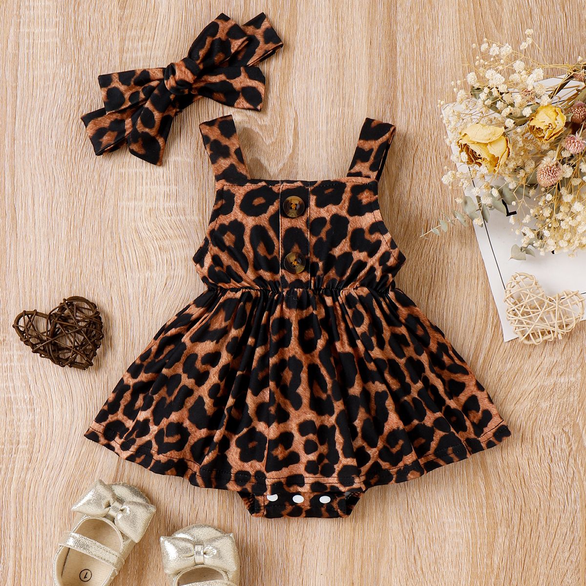 

2pcs Baby Girl Leopard Print Tank Romper & Headband Set