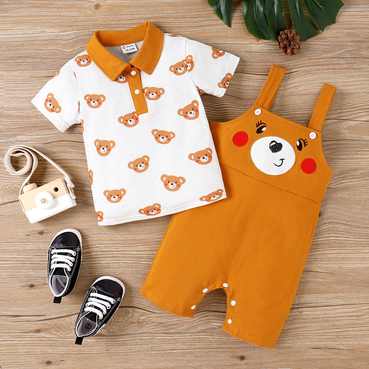 

2pcs Baby Boy/Girl 95% Cotton Bear Embroidered Overalls Shorts and Allover Print Short-sleeve Polo Shirt Set