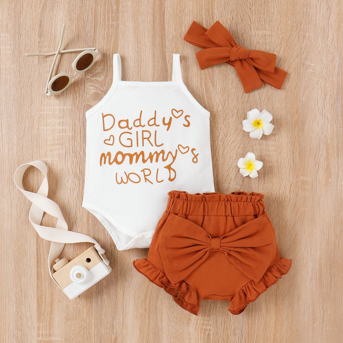 

3pcs Baby Girl 95% Cotton Letter Print Cami Romper and Bow Front Ruffled Shorts & Headband Set