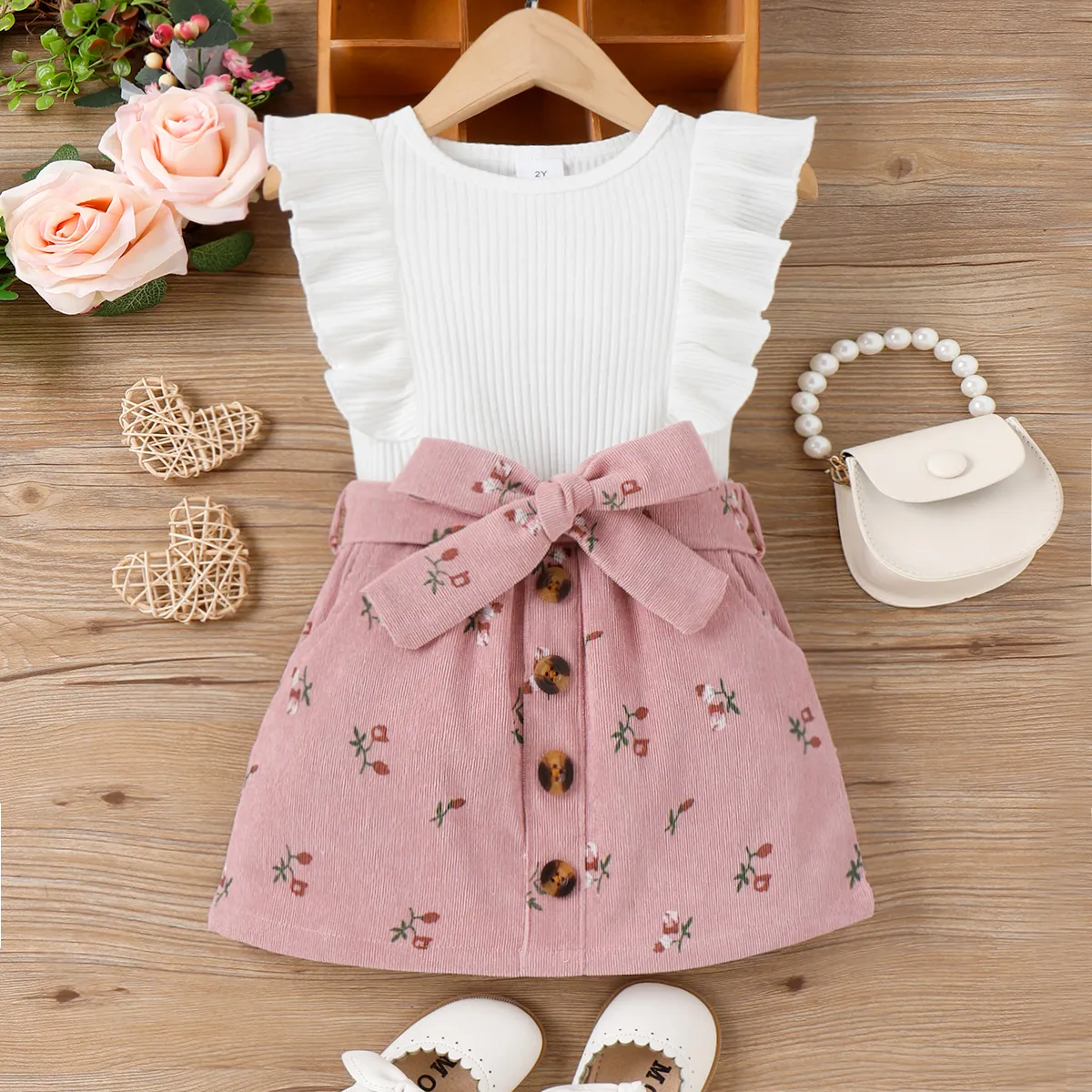 2pcs Toddler Girl Sweet Ruffled Sleeveless Tee and Floral Print Corduroy Skirt Set