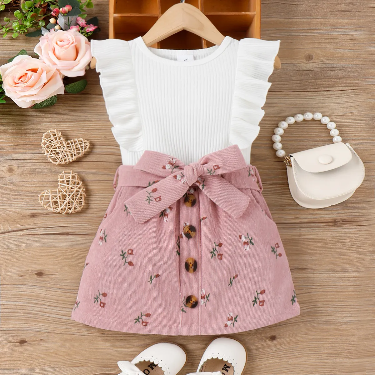 2pcs Toddler Girl Sweet Ruffled Sleeveless Tee and Floral Print Corduroy Skirt Set  big image 1