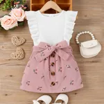 2pcs Toddler Girl Sweet Ruffled Sleeveless Tee and Floral Print Corduroy Skirt Set Pink