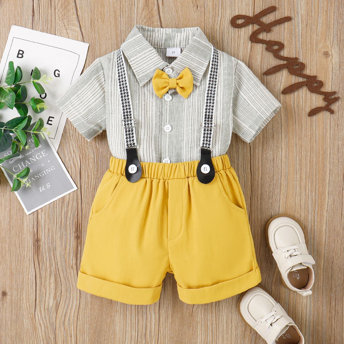 

3pcs Toddler Boy Classic Stripe Shirt and Shorts & Adjustable Suspender Set