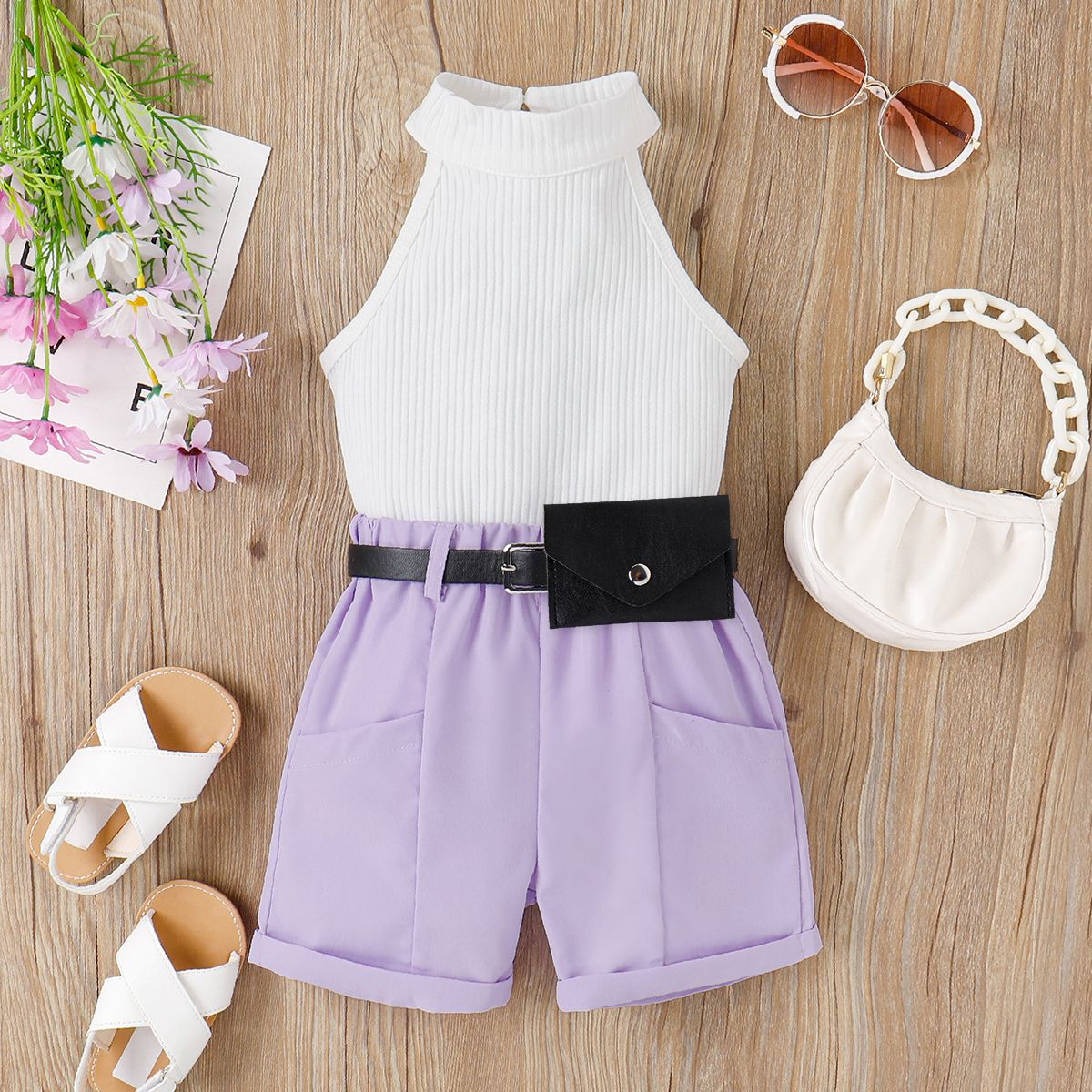 

3pcs Toddler Girl Ribbed Tank Top & Belted Waist Bag and Shorts Set