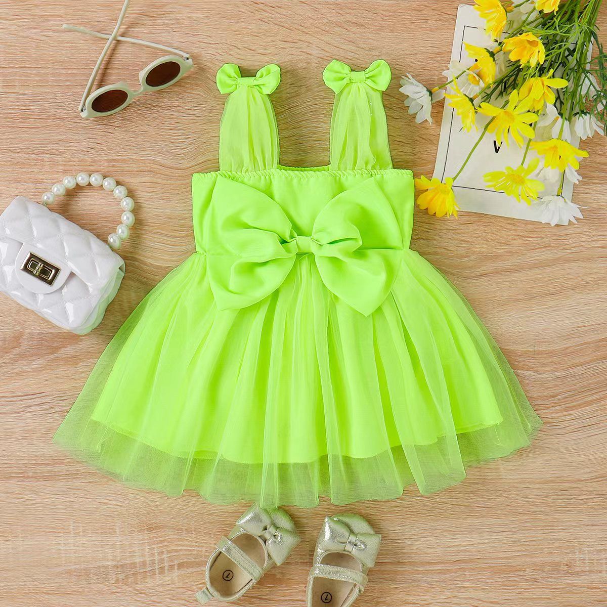 

Baby Girl Bow Decor Green Sleeveless Mesh Fairy Dress