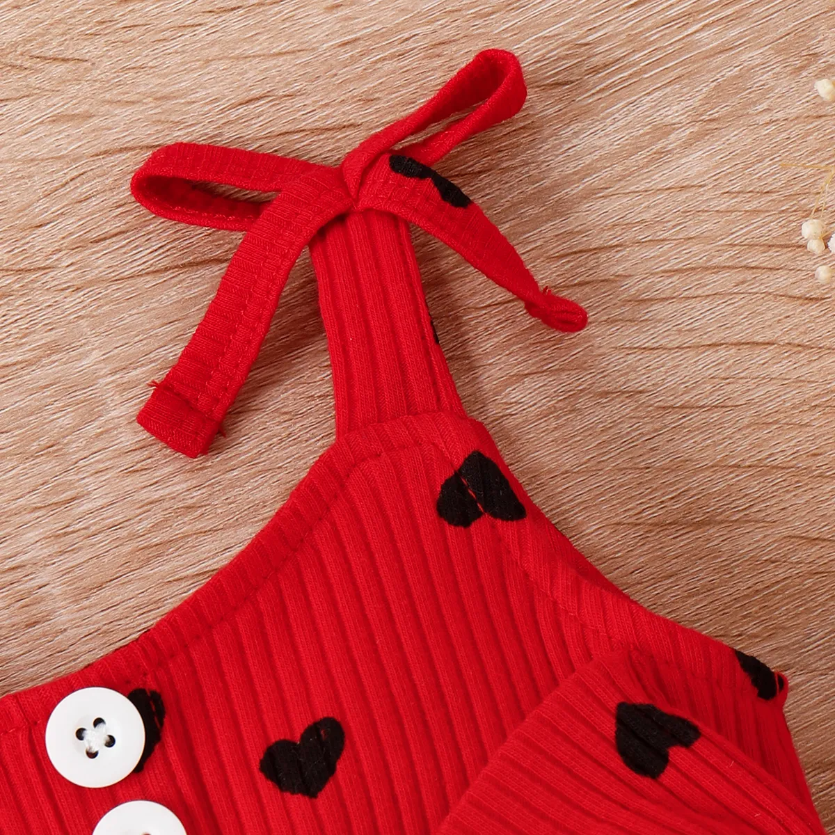 Baby Girl Cotton Ribbed Allover Heart Print Bow Front Ruffle Trim Cami Romper Red big image 1