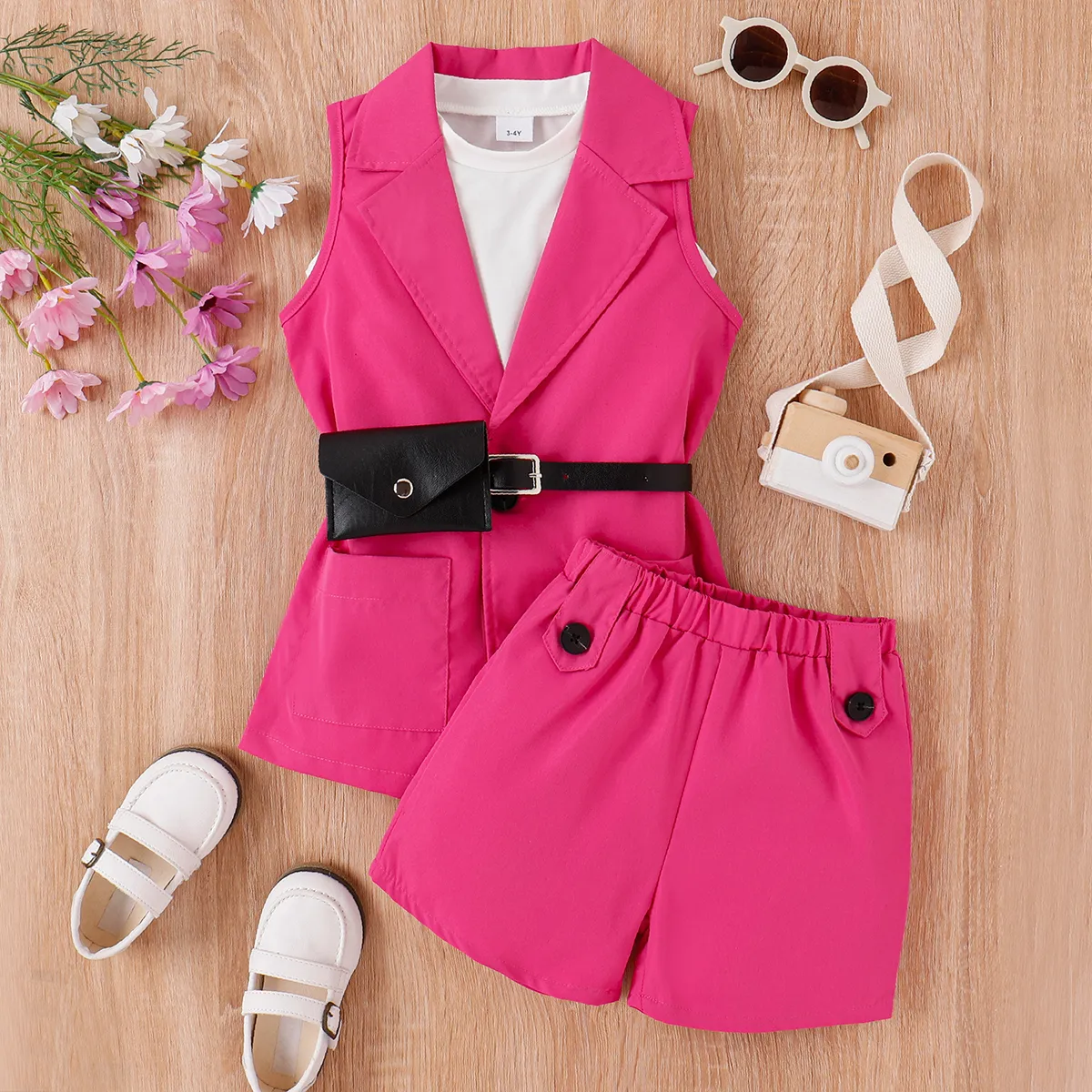 4pcs Toddler Girl Trendy Sleeveless Tee & Shorts & Lapel Collar Coat and Belted Waist Bag Set Roseowhite big image 1