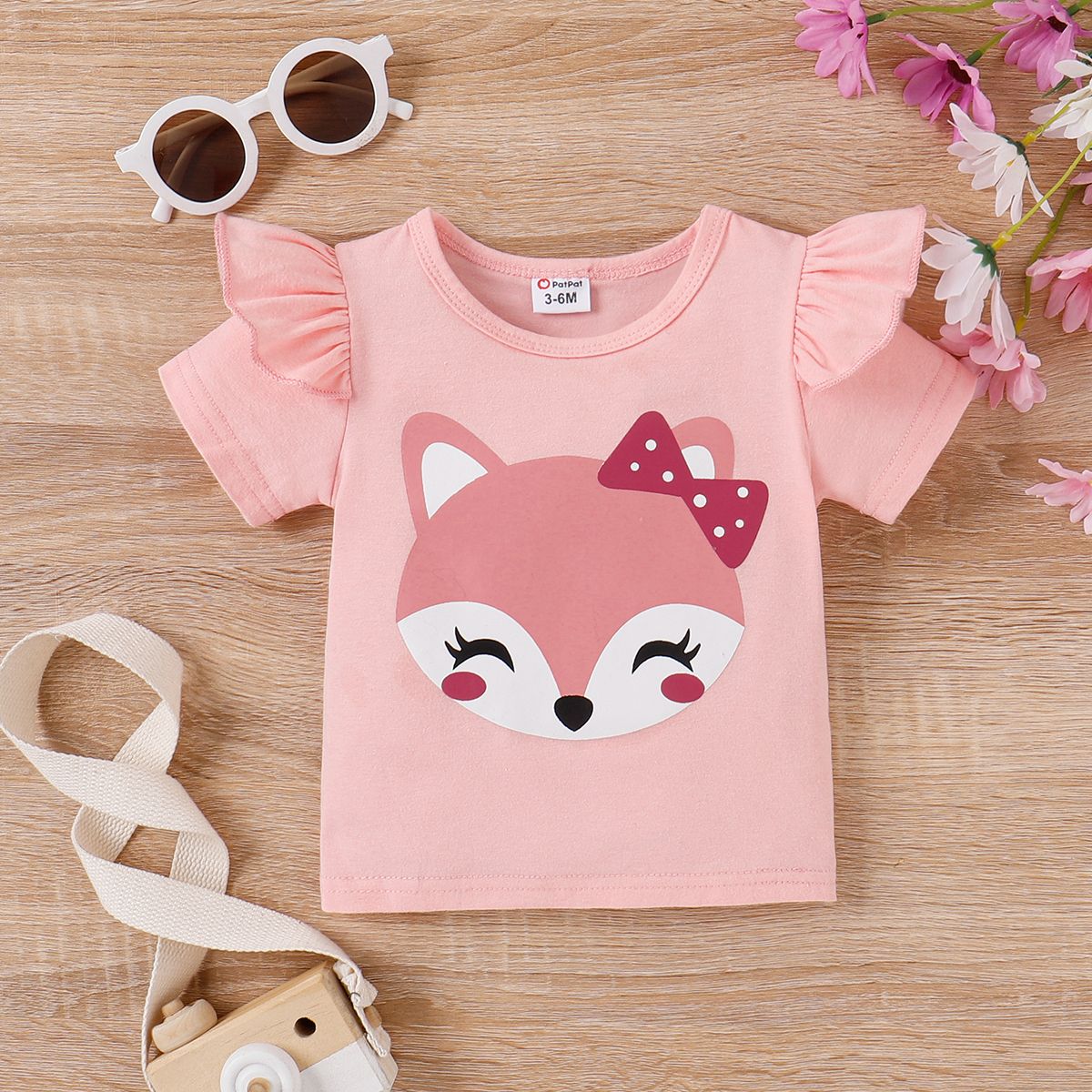 

Baby Girl 95% Cotton Fox Print Flutter-sleeve Tee