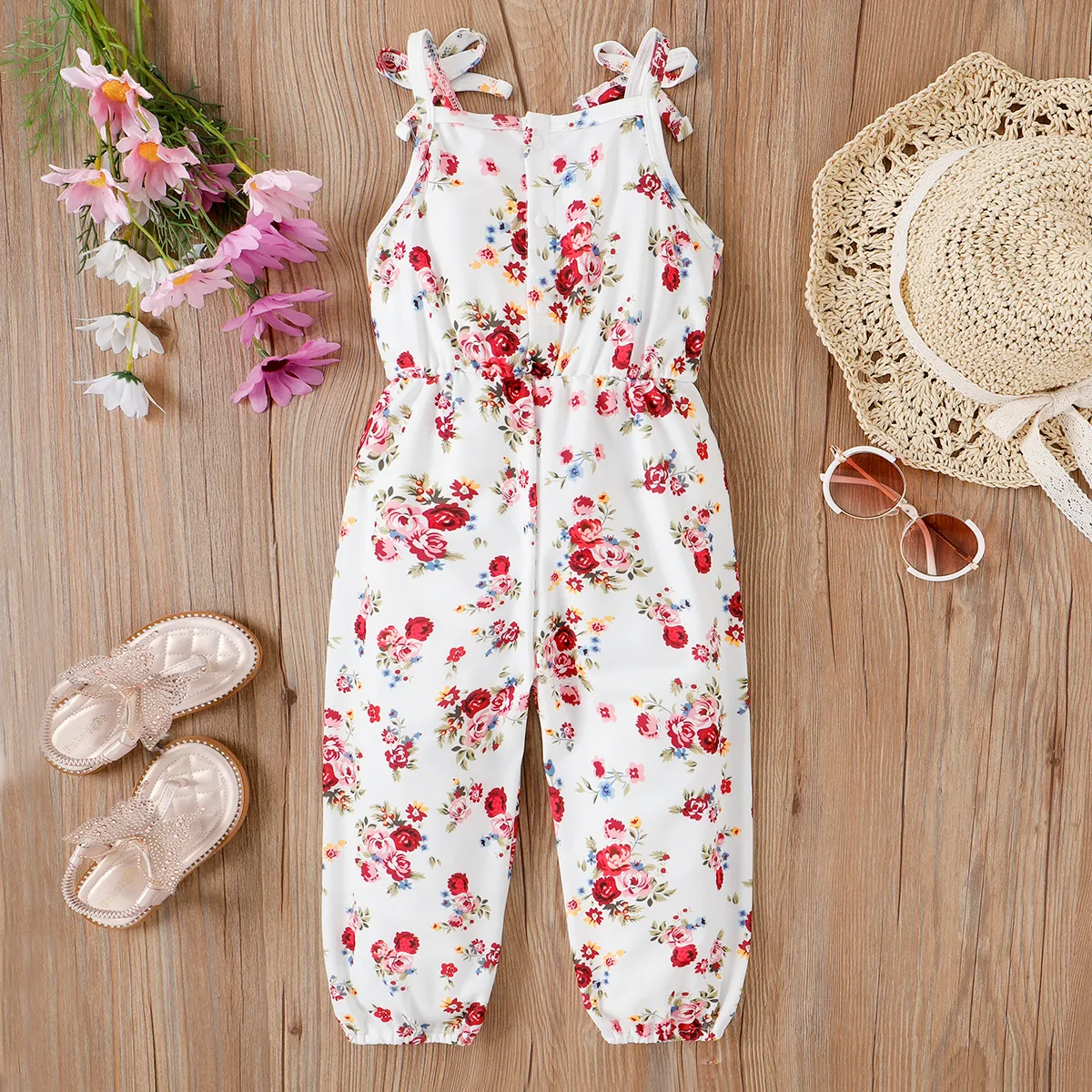 Toddler Girl Sweet Floral Print Bowknot Design Sleeveless Jumpsuits Multi-color image 6