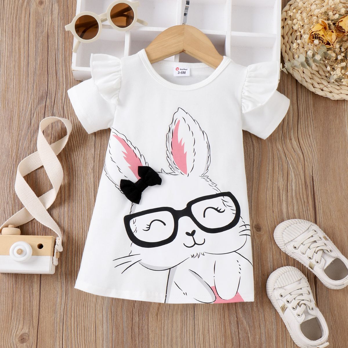 Baby Girl Rabbit Print Flutter-sleeve T-shirt Robe