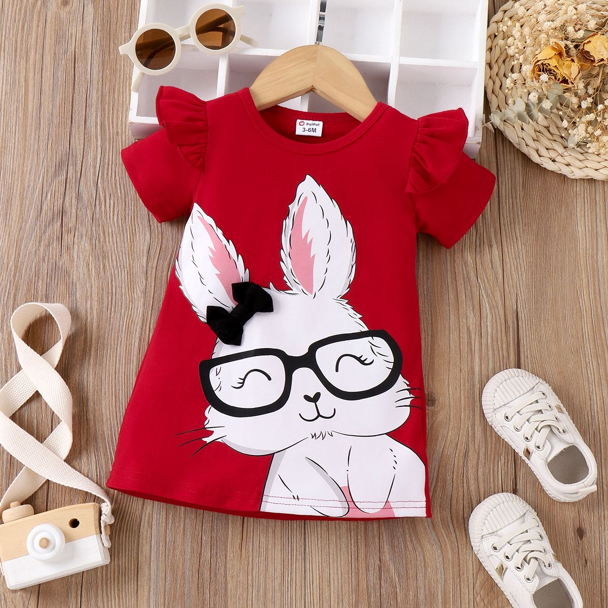 Baby Girl Rabbit Print Flutter-sleeve T-shirt Robe