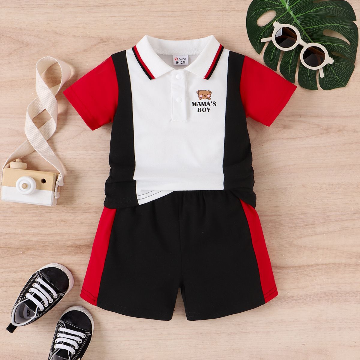 

2pcs Baby Boy 95% Cotton Bear & Letter Print Colorblock Short-sleeve Polo Shirt and Shorts Set