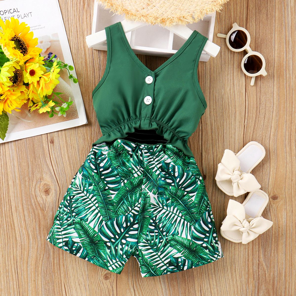 

Toddler Girl Trendy Plant Print Cut Out Front Combo Tank Romper