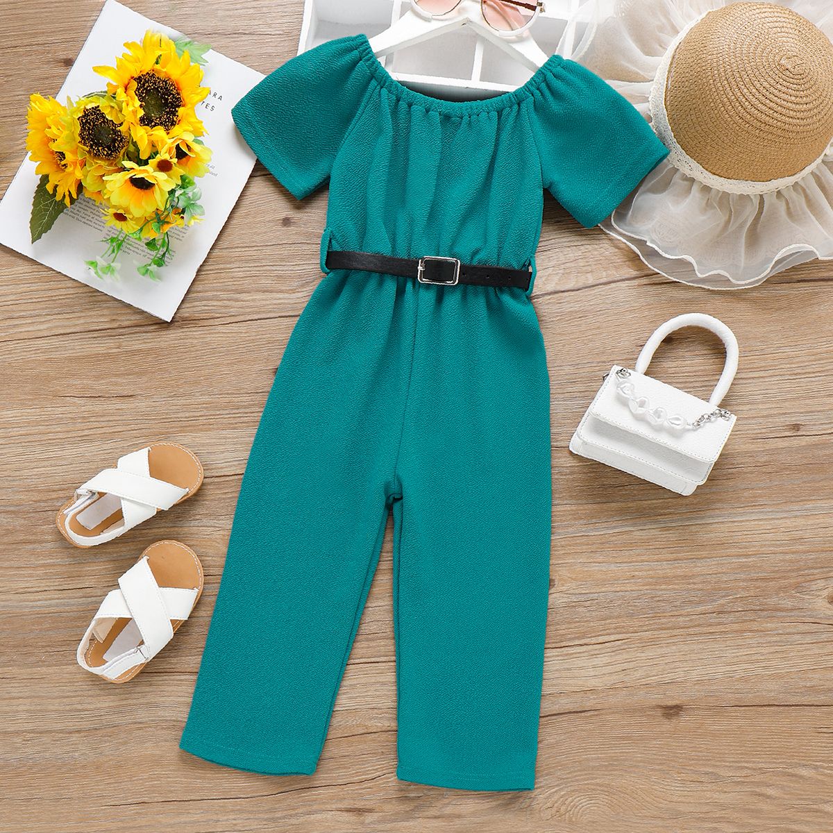 

2pcs Toddler Girl Trendy Off Shoulder Jumpsuits & Belt