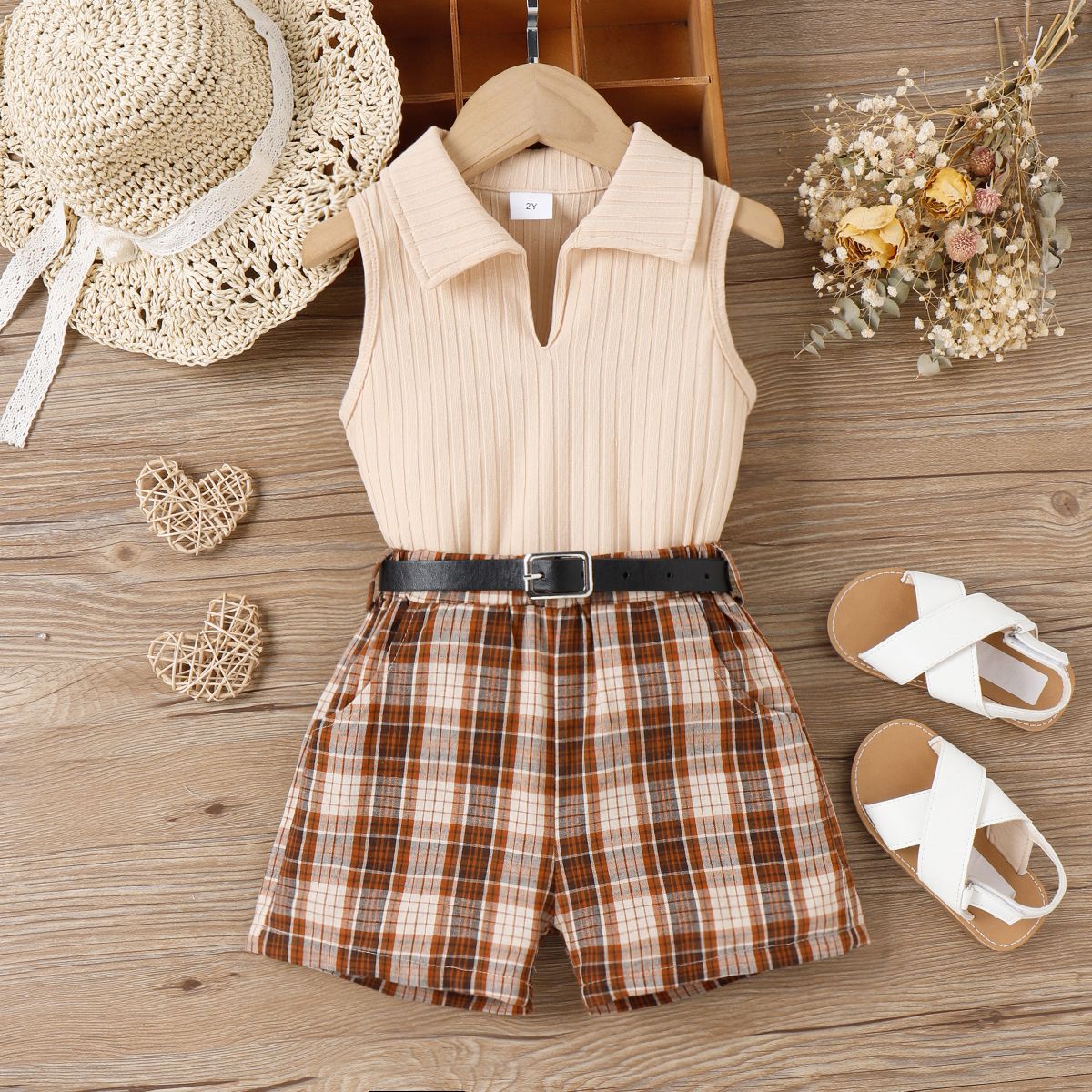 

3pcs Toddler Girl Preppy style Lapel Collar Sleeveless Tee and Plaid Shorts & Belt Set