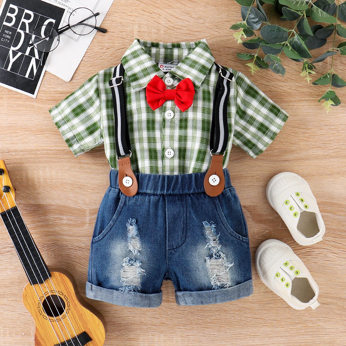 

2pcs Baby Boy Bow Tie Decor Short-sleeve Plaid Shirt and Ripped Denim Suspender Shorts Set