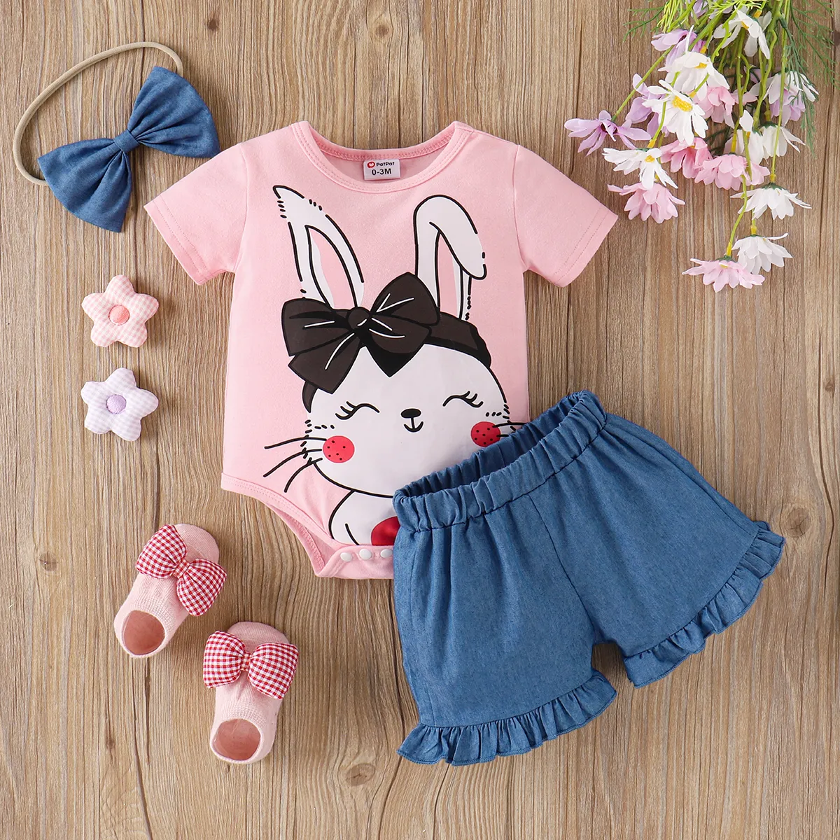 3 unidades Bebé Menina Extremidades franzidas Coelho Bonito Manga curta Conjunto para bebé Rosa image 3