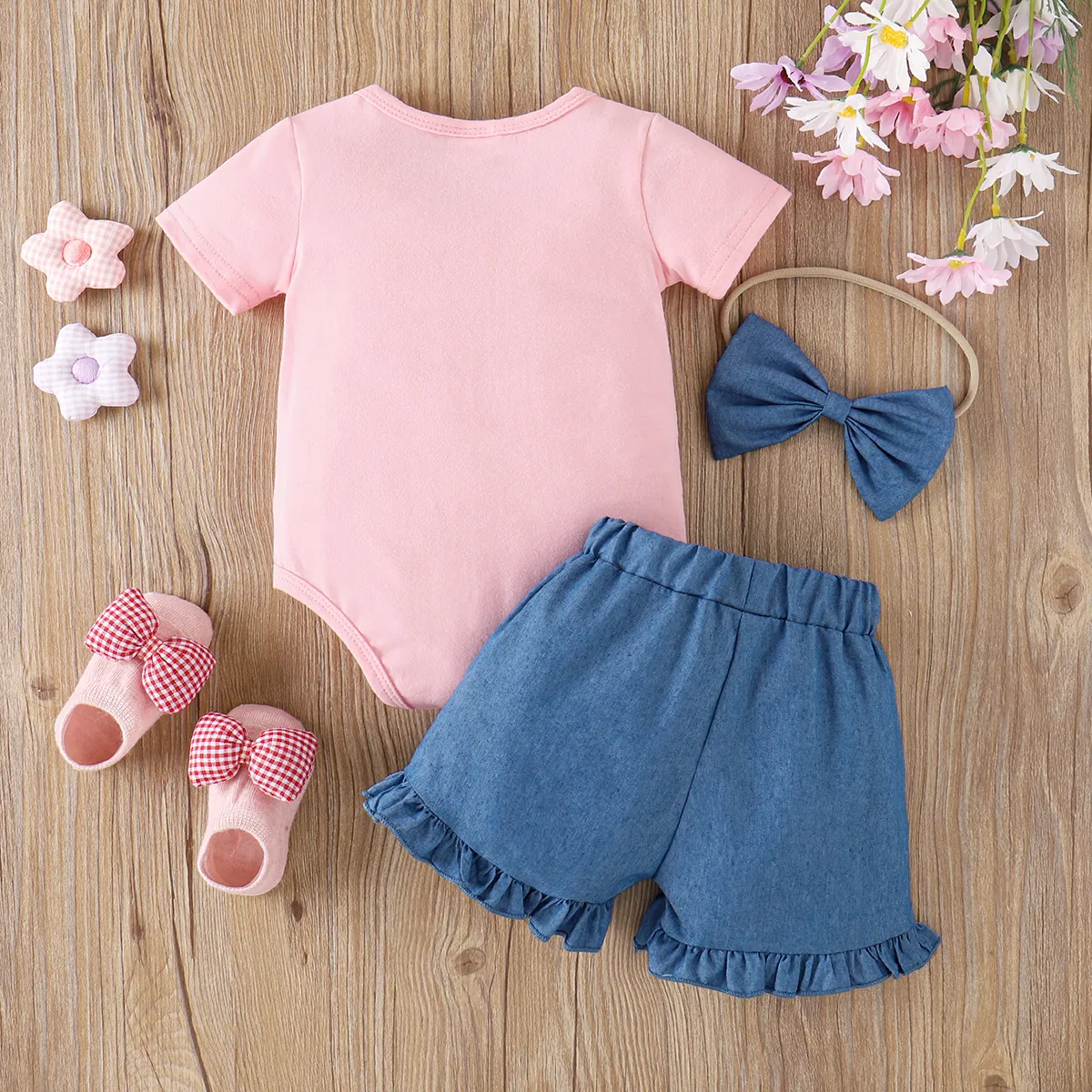3 unidades Bebé Menina Extremidades franzidas Coelho Bonito Manga curta Conjunto para bebé Rosa image 2
