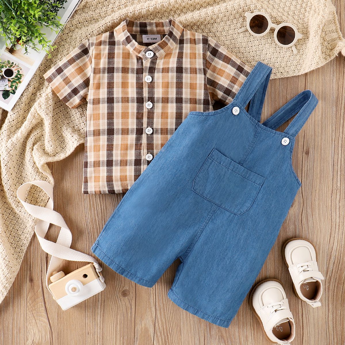 

2pcs Baby Boy Short-sleeve Plaid Shirt and Imitation Denim Overalls Shorts Set