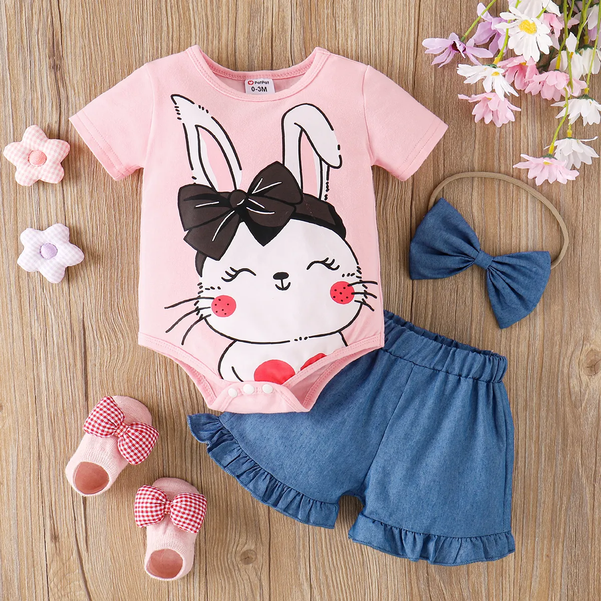 3 unidades Bebé Menina Extremidades franzidas Coelho Bonito Manga curta Conjunto para bebé Rosa big image 1