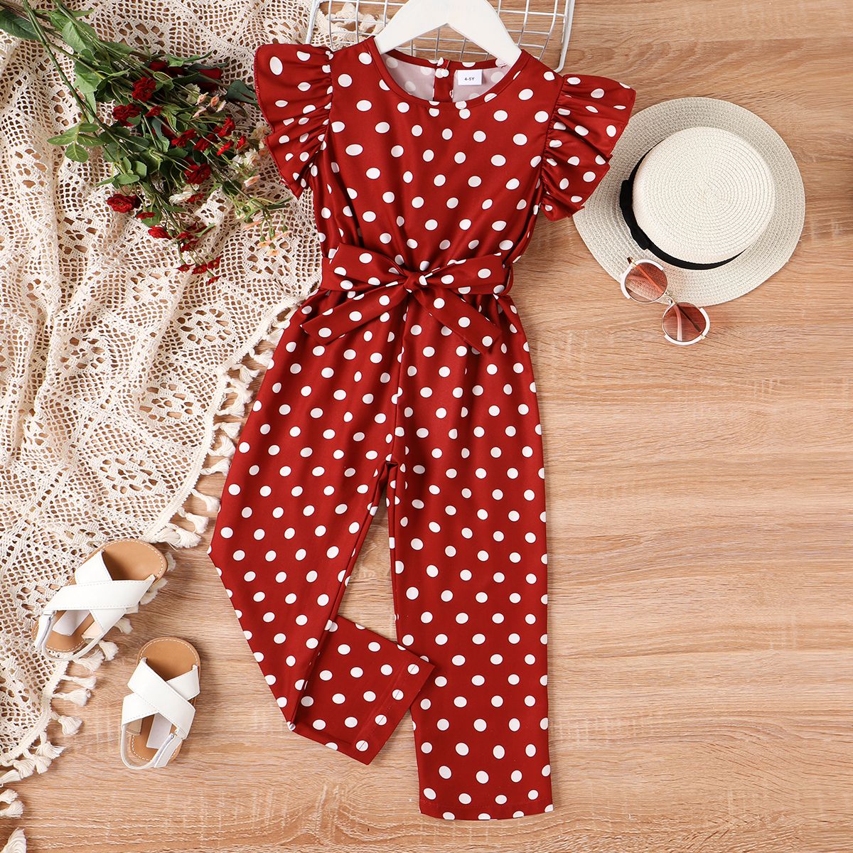 

2pcs Toddler Girl Trendy Polka dots Flutter-sleeve Jumpsuits & Belt