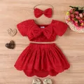 3pcs Baby Girl Solid Eyelet Embroidered Bow Front Short-sleeve Crop Top and High Low Hem Skirt & Headband Set  image 2