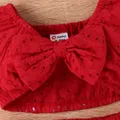 3pcs Baby Girl Solid Eyelet Embroidered Bow Front Short-sleeve Crop Top and High Low Hem Skirt & Headband Set  image 5