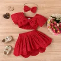 3pcs Baby Girl Solid Eyelet Embroidered Bow Front Short-sleeve Crop Top and High Low Hem Skirt & Headband Set  image 1