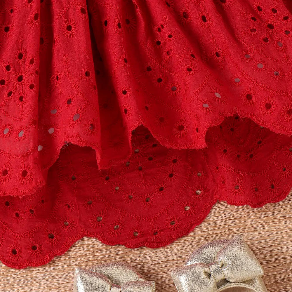 3pcs Baby Girl Solid Eyelet Embroidered Bow Front Short-sleeve Crop Top and High Low Hem Skirt & Headband Set big image 7