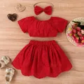 3pcs Baby Girl Solid Eyelet Embroidered Bow Front Short-sleeve Crop Top and High Low Hem Skirt & Headband Set  image 3