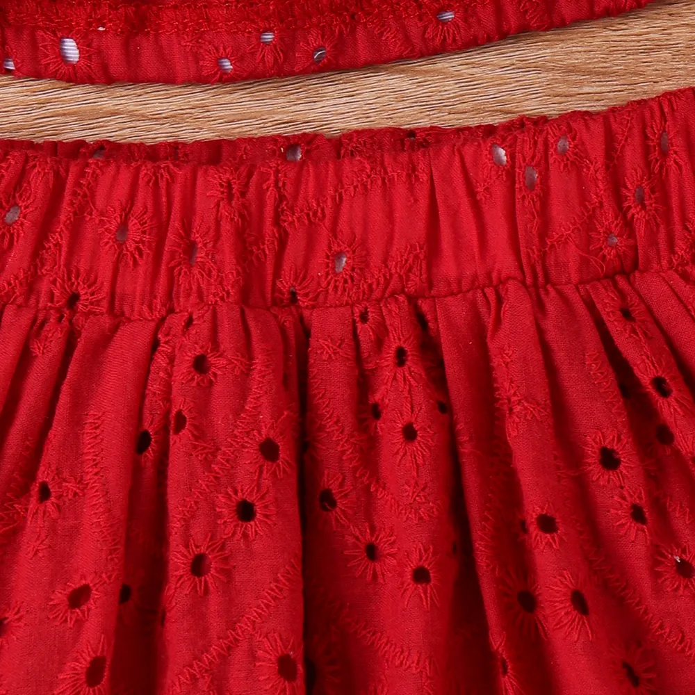 3pcs Baby Girl Solid Eyelet Embroidered Bow Front Short-sleeve Crop Top and High Low Hem Skirt & Headband Set big image 6