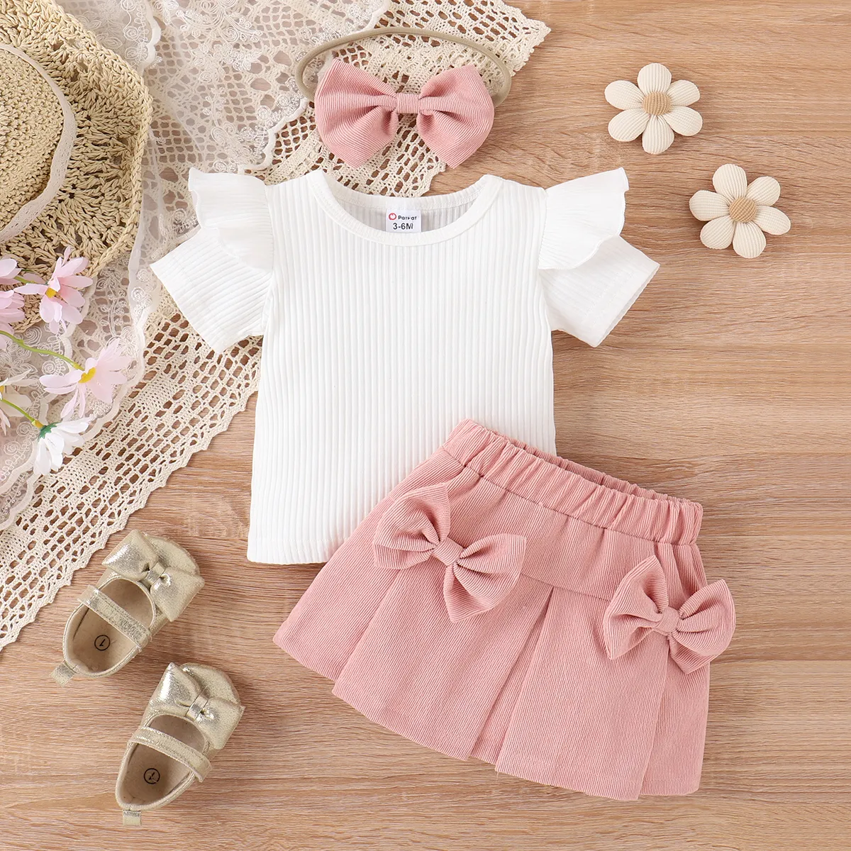 3pcs Baby Girl 95% Cotton Ribbed Ruffle Short-sleeve Tee and Bow Front Skirt & Headband Set