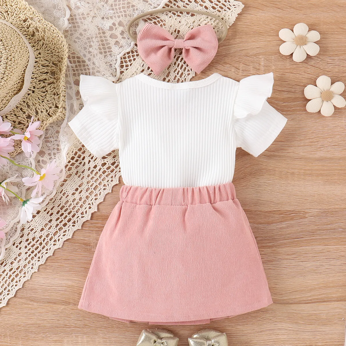 3pcs Baby Girl 95% Cotton Ribbed Ruffle Short-sleeve Tee and Bow Front Skirt & Headband Set Pink big image 1