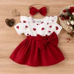 2pcs Baby Girl Heart Print Ruffled Faux-two Bowknot Dress & Headband Set WineRed