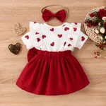 2pcs Baby Girl Heart Print Ruffled Short-sleeve Faux-two Bow Front Dress & Headband Set  image 2