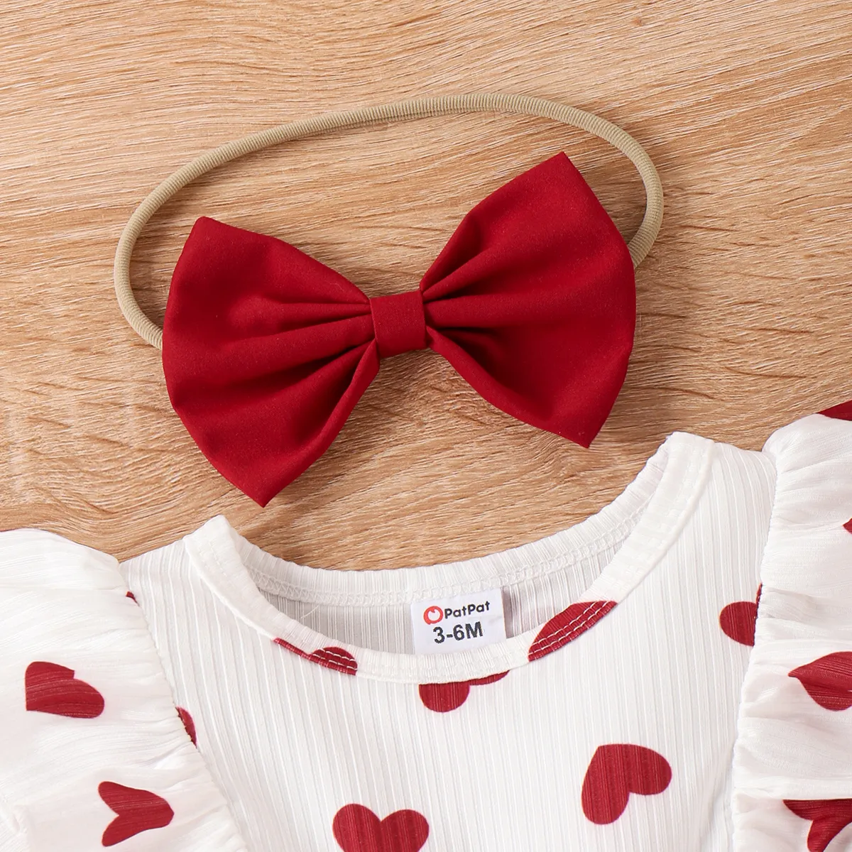 2pcs Baby Girl Heart Print Ruffled Short-sleeve Faux-two Bow Front Dress & Headband Set WineRed image 3