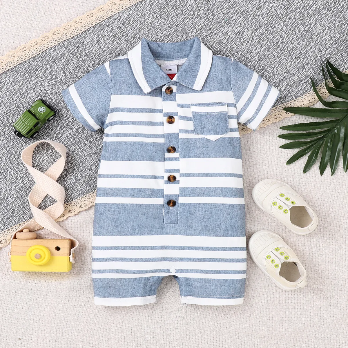 Baby Boy Blue Striped Polo Neck Short-sleeve Button Front Romper Bluish Grey big image 1