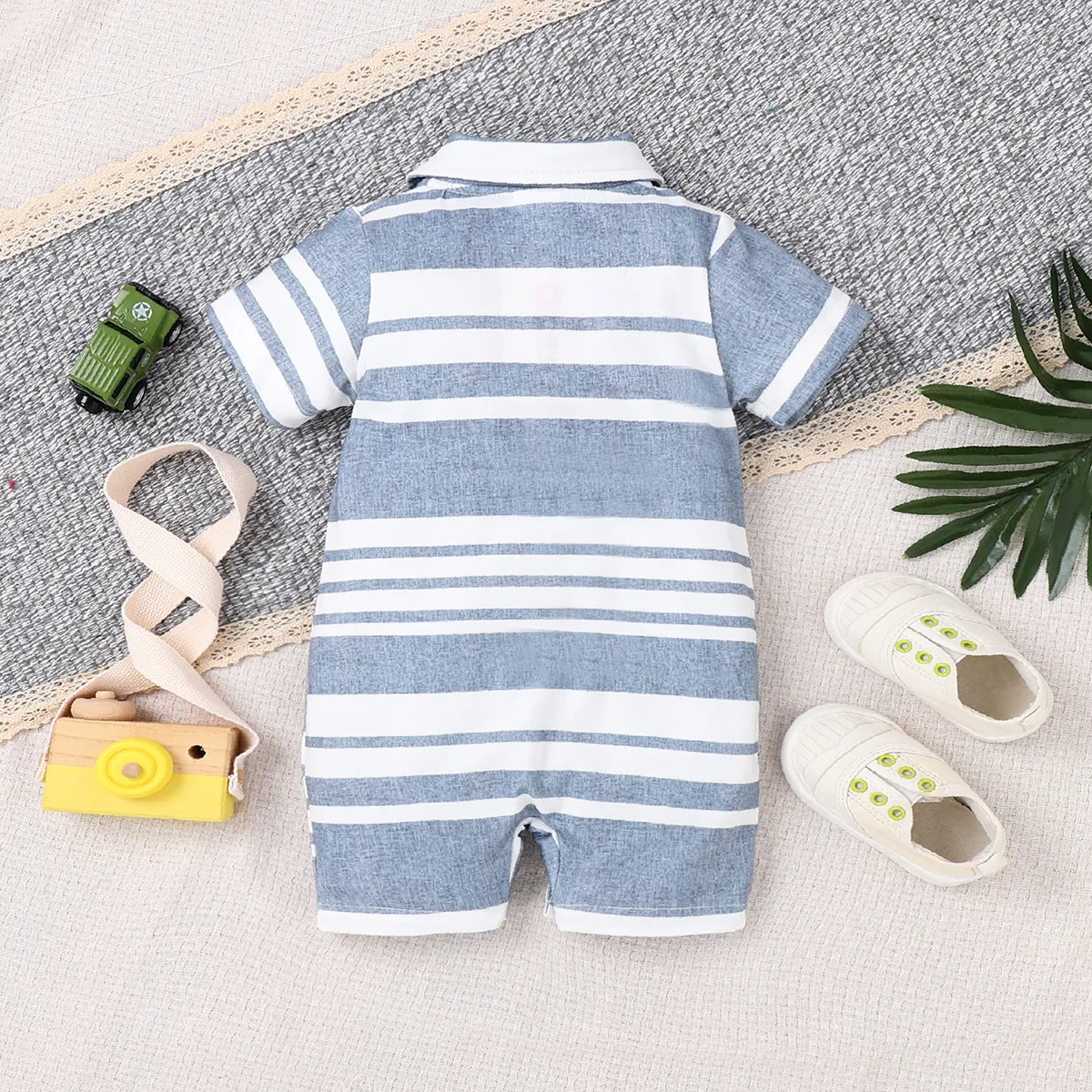 Baby Boy Blue Striped Polo Neck Short-sleeve Button Front Romper Bluish Grey big image 1